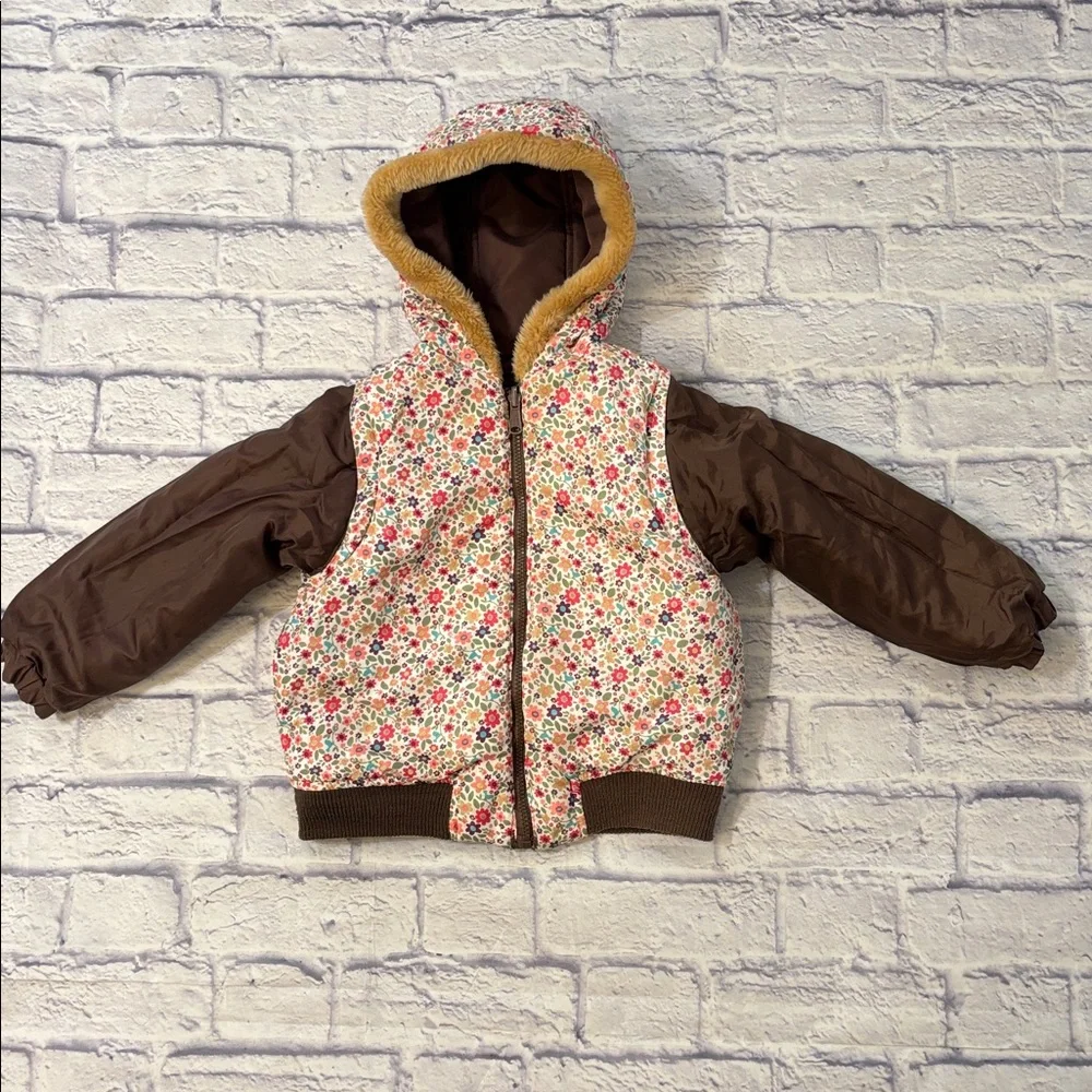 Oshkosh Reversible Convertible Puffer Jacket Vest Brown Pink Floral Girls Size 6